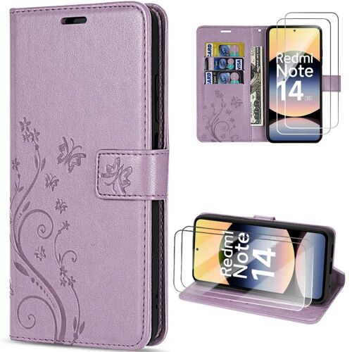 Coque Et 2 Verres Trempés Pour Xiaomi Redmi Note 14 5g (Pas Pour 4g) Cuir Synthétique Violet Motif Papillon Fleurs - Efconnection