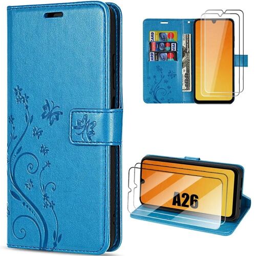 Coque + 2 Verres Trempés Pour Samsung Galaxy A26 5g, Protection Cuir Synthétique Antichoc Bleu Motif Papillon Fleurs - Efconnection