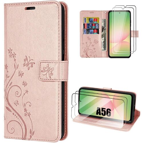 Coque + 2 Verres Trempés Pour Samsung Galaxy A56 5g, Cuir Synthétique Rose Motif Papillon Plante Avec Porte-Cartes - Efconnection