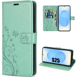 Coque pour Samsung Galaxy S25, Protection Rabat Cuir Synthétique Antichoc Vert Motif Papillon Fleurs - EFConnection