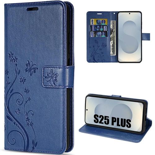 Coque pour Samsung Galaxy S25 Plus (S25+) Protection Antichoc Anti-Rayures Cuir PU Bleu Foncé Motif Fleur Papillon - EFConnection