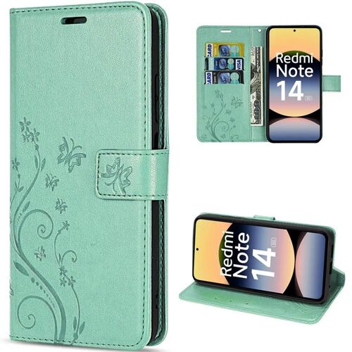 Coque pour Xiaomi Redmi Note 14 5G (pas pour 4G) Protection Rabat Cuir Synthétique Antichoc Vert Motif Papillon - EFConnection