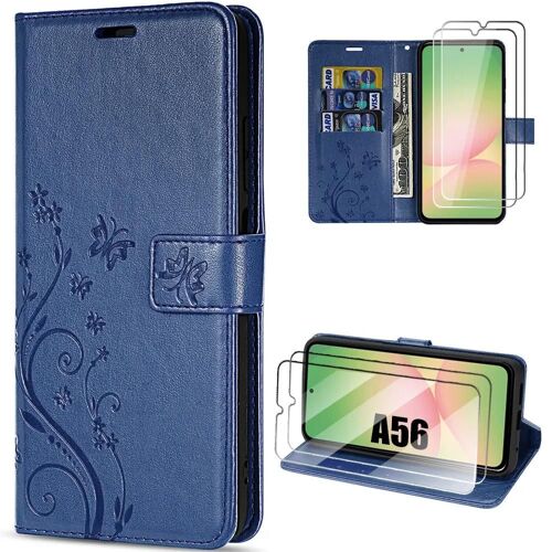 Coque + 2 Verres Trempés Pour Samsung Galaxy A56 5g, Protection Synthécuir Antichoc Motif Papillon Fleurs Bleu Marine - Efconnection