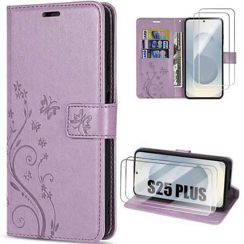 Coque + 2 Verres Trempés pour Samsung Galaxy S25 Plus (S25+) Protection Rabat Effet Cuir Violet Motif Floral Papillon - EFConnection