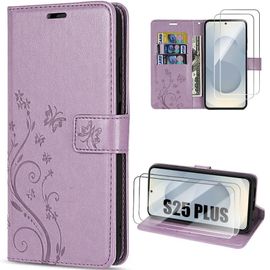 Coque + 2 Verres Trempés pour Samsung Galaxy S25 Plus (S25+) Protection Rabat Effet Cuir Violet Motif Floral Papillon - EFConnection