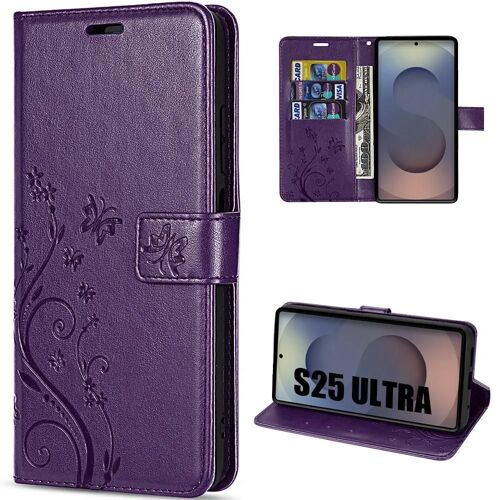 Coque Pour Samsung Galaxy S25 Ultra, Flip Case Cuir Synthétique Anti-Rayures Motif Plante Papillon Violet Foncé - Efconnection