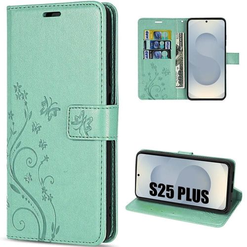 Coque Pour Samsung Galaxy S25 Plus (S25+) Protection Rabat Anti-Rayures Antichoc Synthécuir Motif Papillon Vert - Efconnection