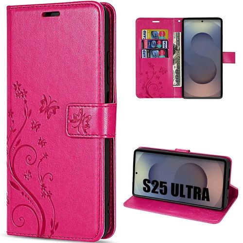 Coque Pour Samsung Galaxy S25 Ultra, Protection Antichoc Anti-Rayures Cuir Synthétique Fuchsia Motif Papillon Plante - Efconnection