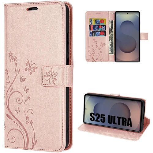 Coque Pour Samsung Galaxy S25 Ultra, Protection Antichoc Anti-Rayures Cuir Pu Rose Motif Relief Floral - Efconnection
