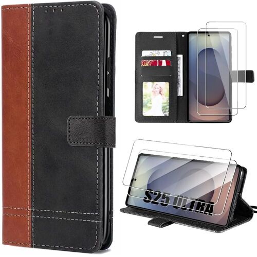 Coque + 2 Verres Trempés Pour Samsung Galaxy S25 Ultra, Protection Rabat Anti-Rayures Synthécuir Bicolore Marron - Efconnection