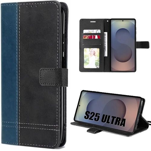 Coque Pour Samsung Galaxy S25 Ultra, Protection Anti-Rayures Effet Cuir Bicolore Bleu Marine - Efconnection