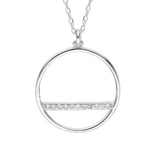 Collier Argent Rhodié Pendentif Cercle Et Barrette Oxydes Blancs Sertis 40+5cm