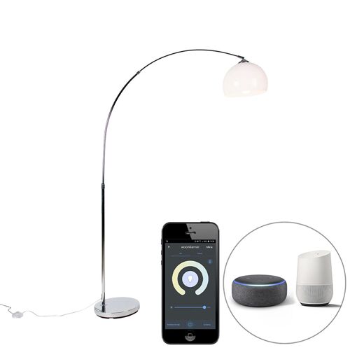 Qazqa Moderne /Design /Rã©Tro Smart Booglamp Chroom Met Witte Kap Incl. Wifi A60 - Arc Basic Acier /Plastique Chrome,Blanc Rond /Oblongue / Luminaire / Lumiere / ÃClairage / Intã©Rieur /...