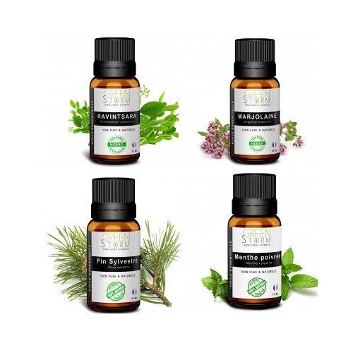 Lots 4 Huiles Essentielles Marjolaine, Ravinstara, Pin Sylvestre, Menthe Poivrée 10ml 