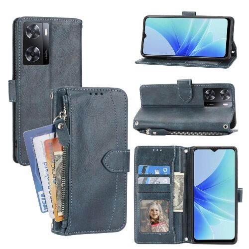 Flip Étui Pour Oppo A57s/A57e Béquette Titulaire De La Carte Cuir Pu Sangle Fermeture Magnétique - Bleu