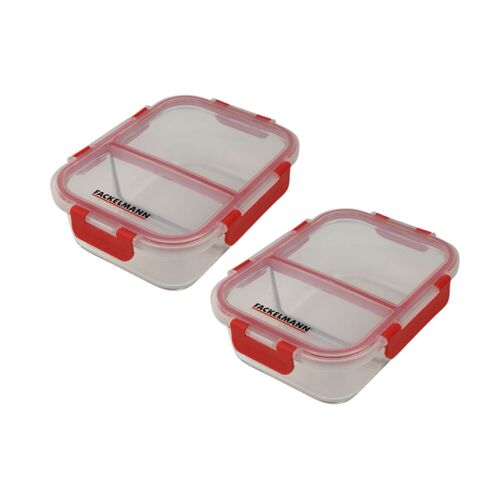 Fackelmann 9941750 Lot De 2 Boites De Conservation En Verre À 2 Compartiments 1050ml, Lunchbox En Verre Et Couvercle Hermétique À Clips, Verre, Plastique, Rouge, 21x16cm