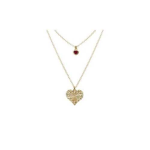 Collier Argent Doré Jaune Double Chaîne Pendentif Coeur Diamanté Et 1 Oxyde Rose 40+5cm