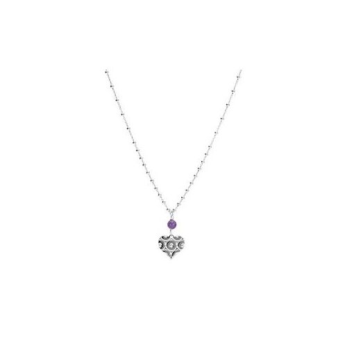 Collier Argent Rhodié Chaîne Boule Pendentif Coeur Martelé Avec 1 Boule Jade Violette Véritable 40+5cm