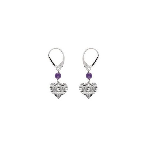 Boucles D'oreilles Dormeuse Argent Rhodié Coeur Martelé Avec 1 Boule Jade Violette Véritable