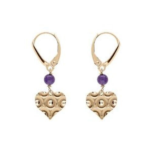 Boucles D'oreilles Dormeuse Argent Doré Jaune Coeur Martelé Avec 1 Boule Jade Violette Véritable
