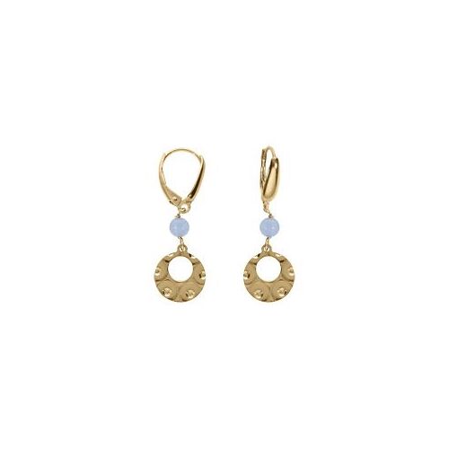 Boucles D'oreilles Dormeuse Argent Doré Pastille Martelé Avec 1 Boule Jade Bleu Ciel Véritable