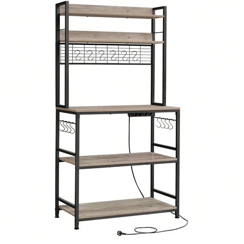 Étagère De Cuisine Avec Multiprise, Avec Panneau Grillagé, 14 Crochets, 40 X 80 X 170 Cm, Grège Et Noir