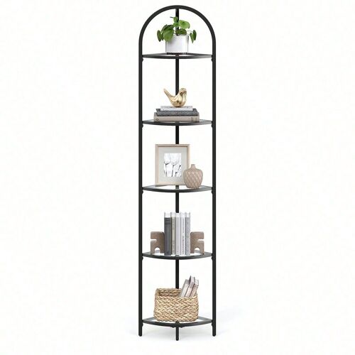 Étagère d'angle à 5 Niveaux, Bibliothèque, Porte-Plantes, Étagère de salle de bain, Verre Trempé, Cadre en métal, Noir Classique