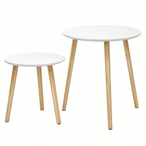 Tables Gigognes, Lot De 2, Tables Rondes, Tables D'appoint, Moderne, Minimaliste, Pieds En Bois De Pin, Scandinave, Nordique, Blanc