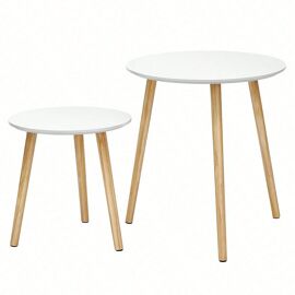 Tables gigognes, Lot de 2, Tables rondes, Tables d'appoint, moderne, minimaliste, pieds en bois de pin, scandinave, nordique, Blanc