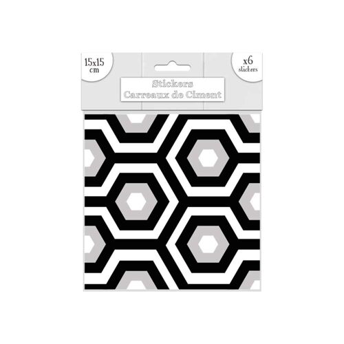 6 Stickers carreaux de ciment - 15 x 15 cm - Noir et blanc