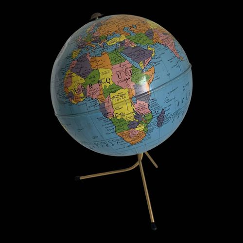 Globe vintage 1960 terrestre Taride tripode mtal dor 28 cm bleu
