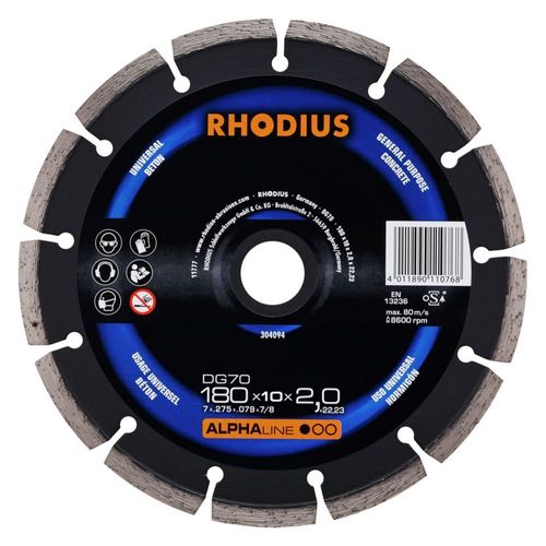 RHODIUS Disque de diamant de coupe DG70 / 180 x 10,0 x 2,0 x Longueur droite 22,23mm
