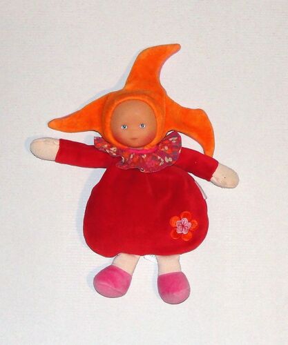 Doudou Lutin Corolle Rouge Orange Peluche Fille Colerette Fleurie