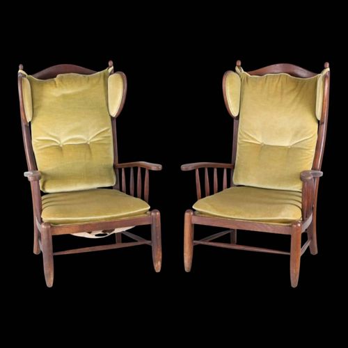 Paire De Fauteuils Oreilles En Bois Vert