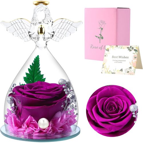 Eternal Roses Gifts For Her,Preserved Roses Gift In Glass Angel Figurines,Flower Angels For Mom Grandma Wife Sister Girlfriend (Purple)
