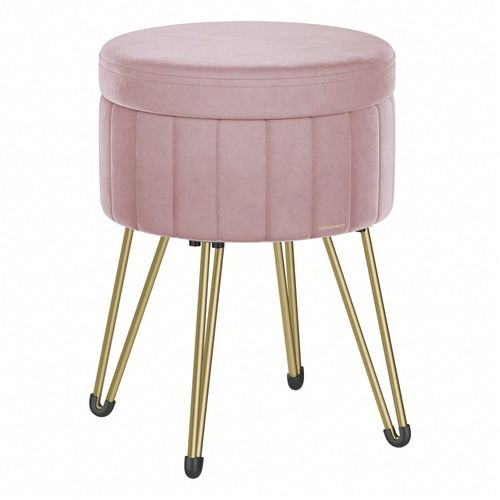Tabouret Rangement, Siège Rond, Tabouret Coiffeuse, Pouf en velours, Repose-pieds, 39 x 44,4 cm (Diamètre x H), 4 Pieds en métal, Rose Bonbon