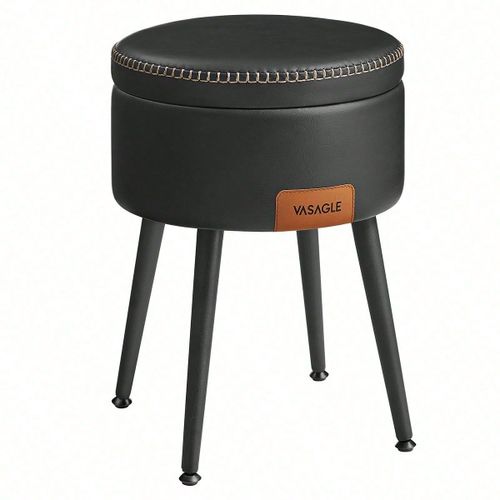Pouf De Rangement, Tabouret De Coiffeuse, Pu Avec Coutures, Moderne Mi-Siècle, Capacité 150 Kg, Noir D'encre