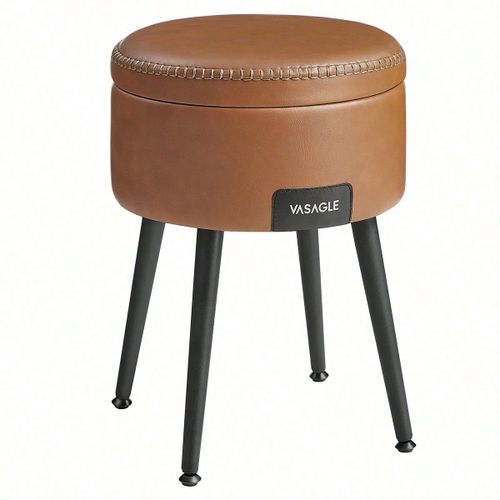 Pouf De Rangement, Tabouret De Coiffeuse, Pu Avec Coutures, Moderne Mi-Siècle, Capacité 150 Kg, Marron Caramel