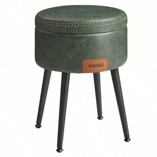 Pouf De Rangement, Tabouret De Coiffeuse, Pu Avec Coutures, Moderne Mi-Siècle, Capacité 150 Kg, Vert Forêt