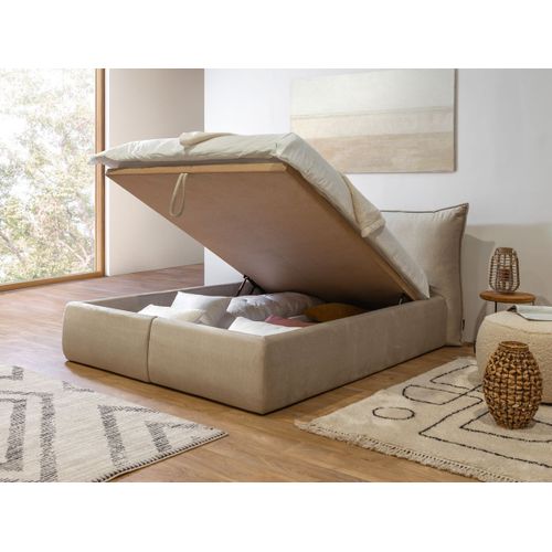 Lit Coffre Jade Avec Tête De Lit Effet Oreiller Beige 160x200