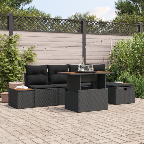 Ensemble De Canapés De Jardin 6 Pièces Avec Coussins En Rotin Poly Noir Acacia, Canapé De Jardin 2 Places Avec Rangement Et Coussins En Rotin Poly Noir