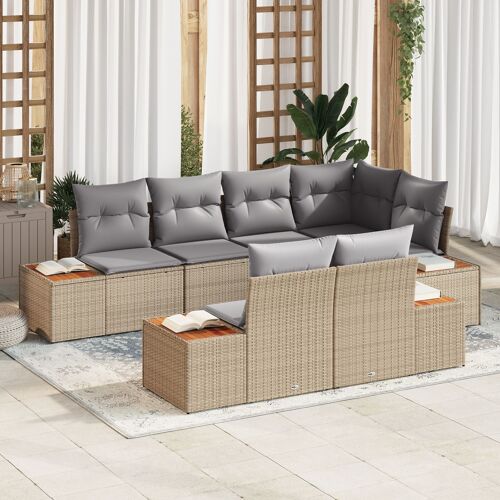 Set de canapé de jardin 7 pièces avec coussins Beige Rattan Poly Acacia, Canapé de jardin 2 places avec rangement et coussins Beige Poly Rattan