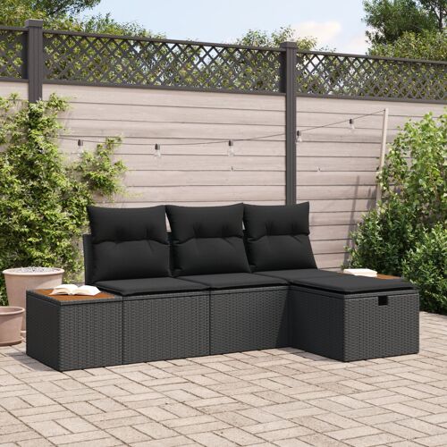 Ensemble Canapé De Jardin 4 Pièces Avec Coussins En Rattan Poly Noir, Canapé De Jardin 2 Places Avec Rangement & Coussins En Rattan Poly Noir