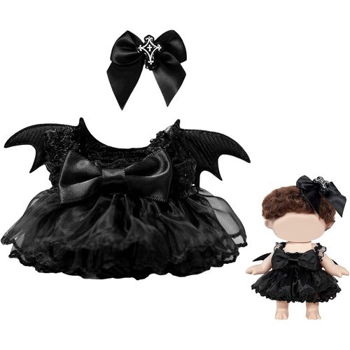 Costume Halloween Gothic Lolita pour poupée en Vinyle 15/17 cm, Ensemble de vêtements avec Jupe en Dentelle à Volants Noirs, Ailes de Chauve-Souris & Barrette Croix n?ud