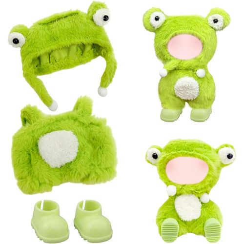 Lot de 3 vêtements de poupée pour poupées en peluche de 17 cm, accessoires de vêtements de poupée mignons verts comprenant 1 grenouille, 1 chapeau à lacets, 1 paire de chaussures, ensemble