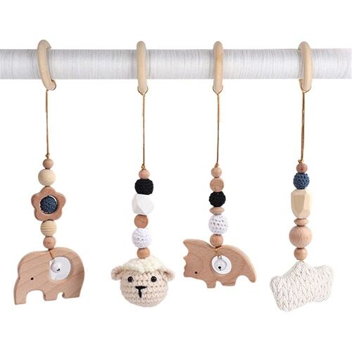 4pcs Hochets En Bois À Suspendre Pour Bébé,Breloques En Bois - Arche De Jeu Pour Bébé - Jouet Suspendu Pour Nouveau-Né Cadeau(Blanc)
