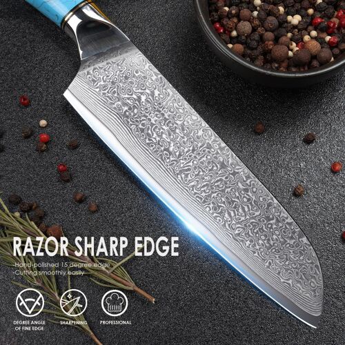 Couteau De Damas De Santoku, Couteau Japonais Professionnel De 67 Couche Acier, Lame De 17.5 Cm Couteaux De Cuisine, Ergonomique Résine Bleue Handle