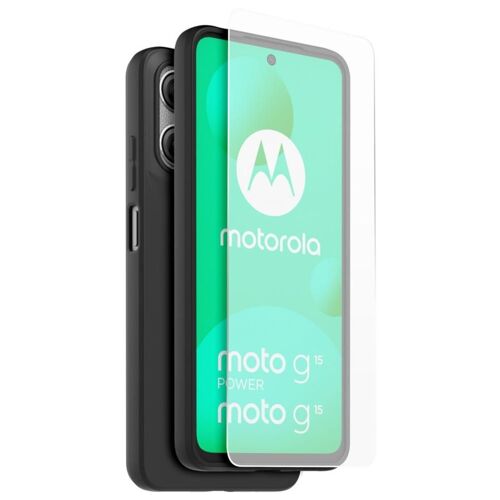 Coque Arrière Semi Rigide Et Protège Écran En Verre Trempé Casr Noir Et Transparent Pour Motorola Moto G15 Et G15 Power