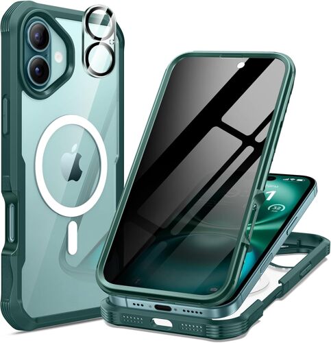 KALANKA-Coque Magnétique pour iPhone 16 6,1 Pouces, Compatible avec MagSafe, Anti Espion Housse avec Verre Trempé Protection écran et Protecteur Caméra, Antichoc Intégrale Étui pour iPhone 16 - Vert