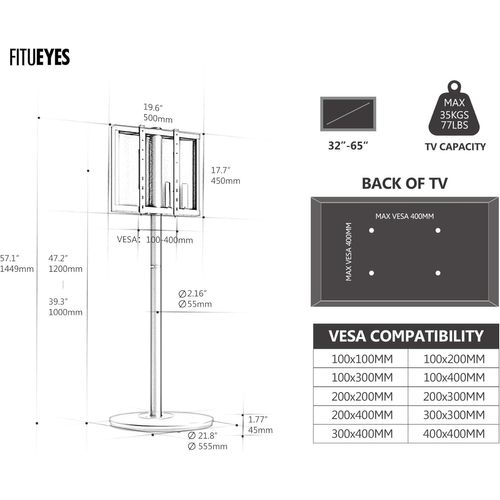 Design Support TV Pied pour TV 32-65 Pouces Support TV roulettes Max VESA 400×400 mm Jusqu'à 35 kg Hauteur et Angle Réglable Série Master